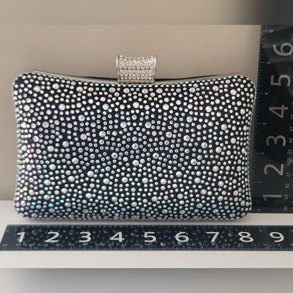 Black Clutch Bag Crystal Aurora Borealis Sparkle Silvertone Strap #551 - Picture 14 of 16